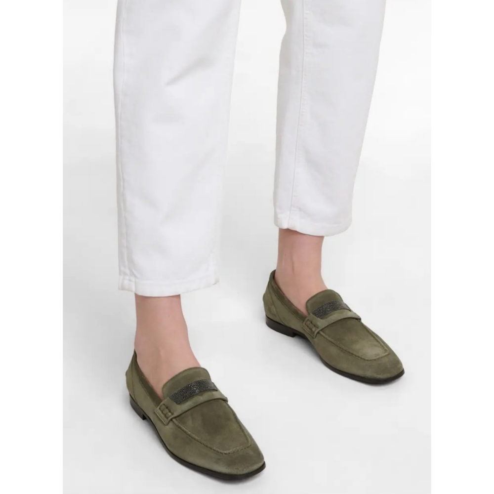 Brunello Cucinelli | Monili Embellished Suede Loafers in Green Size 6.5